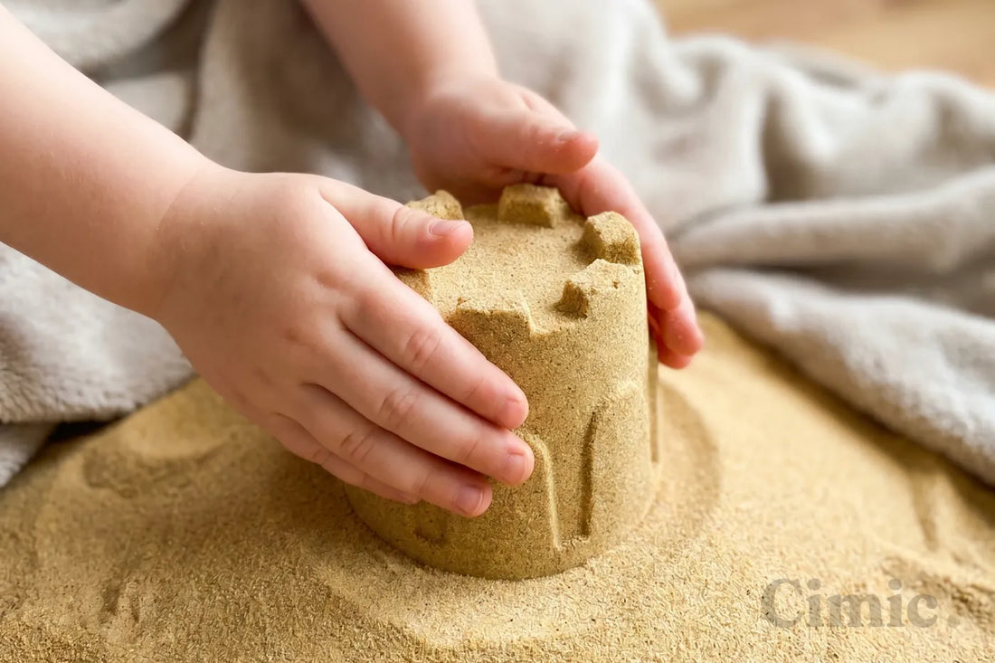 Manos de un niño moldeando un castillo con arena limpia y segura, juego sensorial para el desarrollo infantil