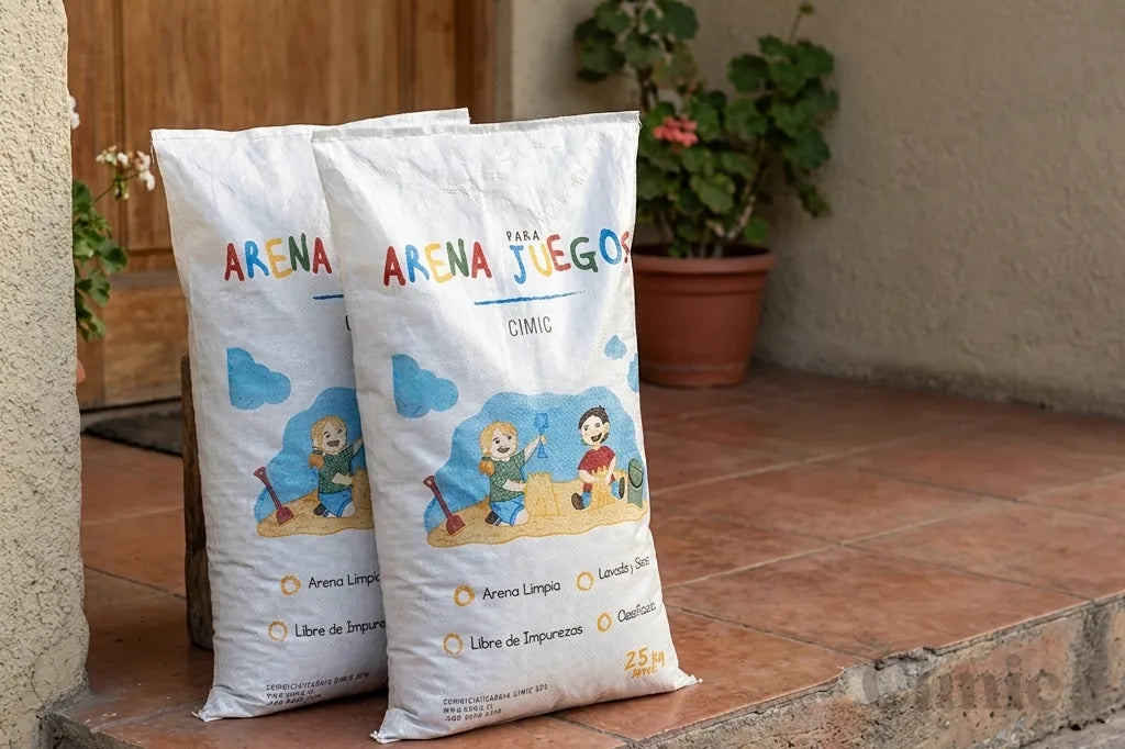 Dos sacos de arena para niños Cimic recién despachados en la puerta de una casa en Santiago