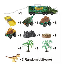 Set completo de juego con dinosaurios, palmeras y rocas en arena - Cimic