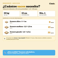 Cuántos sacos de arena Cimic necesitas según el tamaño de tu arenero (referencia a 15 cm de profundidad)