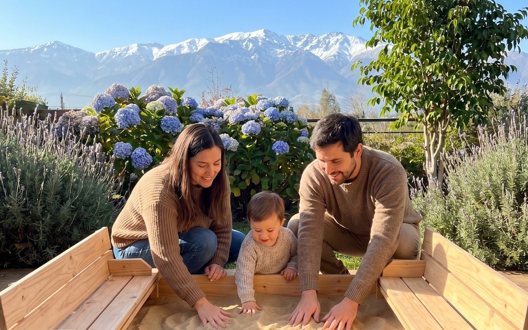 Familia jugando en un arenero con arena para niños Cimic y la cordillera de fondo en Santiago