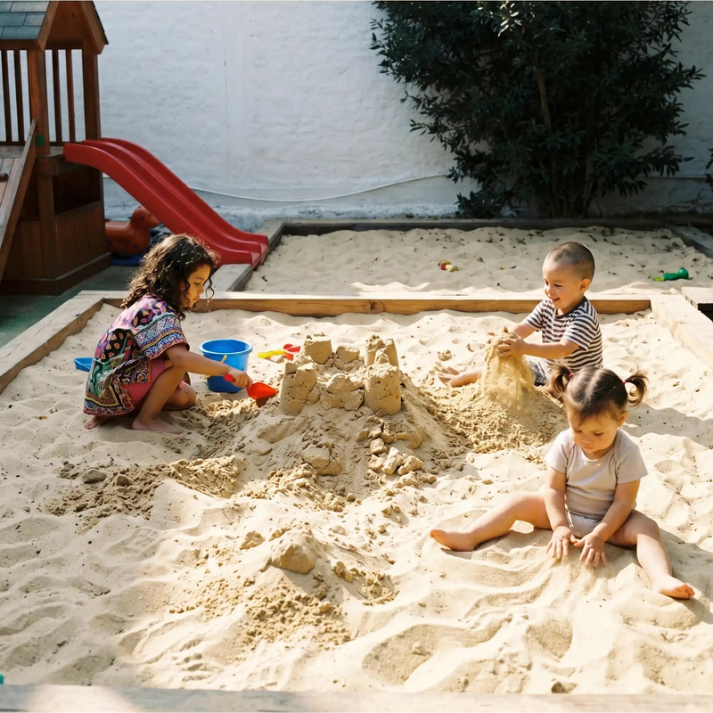 Niños jugando en arenero con arena limpia para juegos infantiles en Santiago. Arena 25kg harneada y lavada, sin impurezas. Cimic, venta de arena para areneros en Santiago – cimic.cl