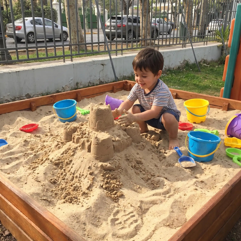 Niños jugando en arenero con arena limpia para juegos infantiles en Santiago. Arena 25kg harneada y lavada, sin impurezas. Cimic, venta de arena para areneros en Santiago – cimic.cl