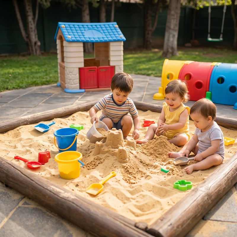 Niños jugando en arenero con arena limpia para juegos infantiles en Santiago. Arena 25kg harneada y lavada, sin impurezas. Cimic, venta de arena para areneros en Santiago – cimic.cl